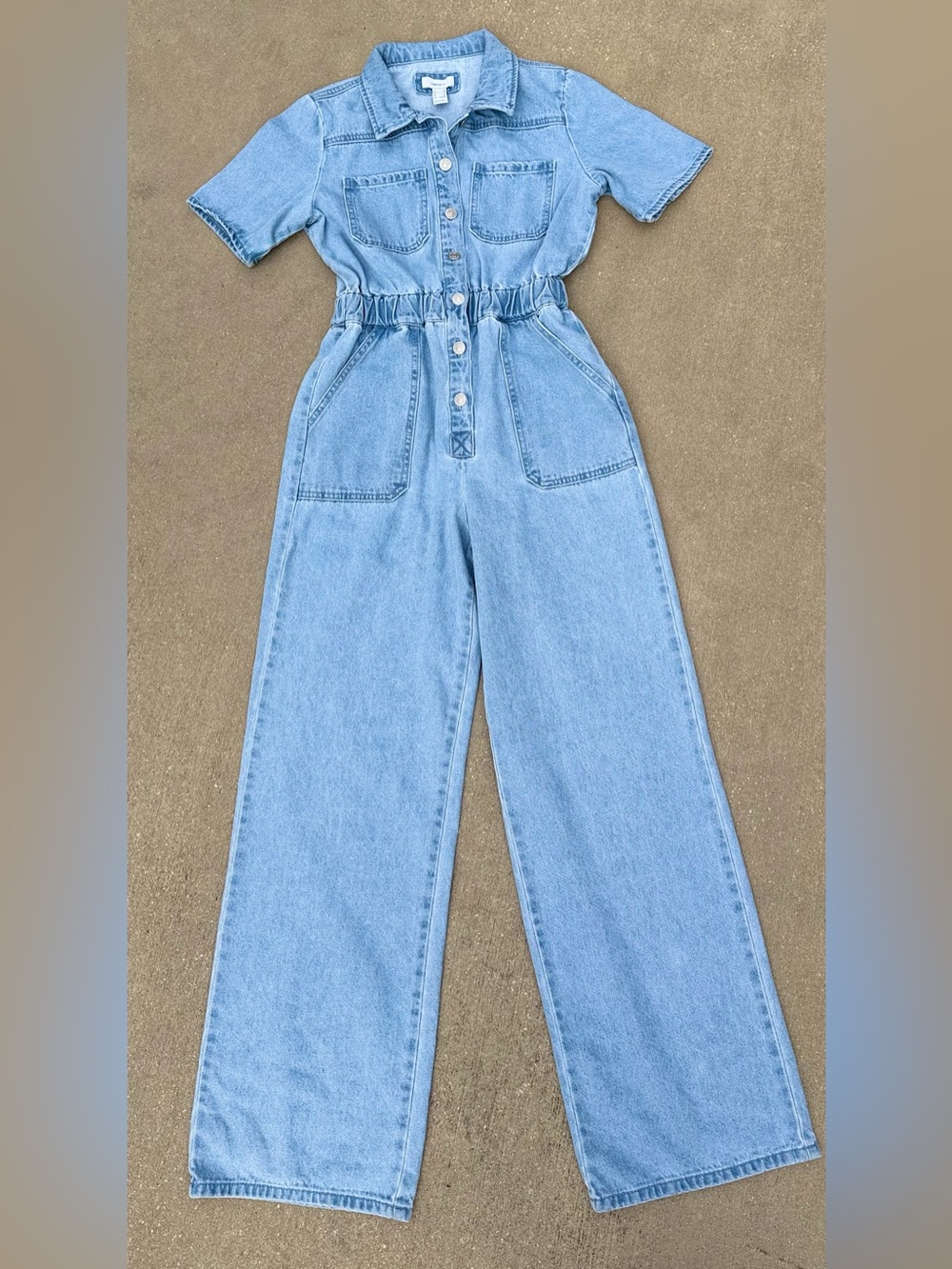 Forever 21 Light Blue Wide-Leg Button Front Short Sleeve Denim Jumpsuit Y2K XS - Picture 3 of 14